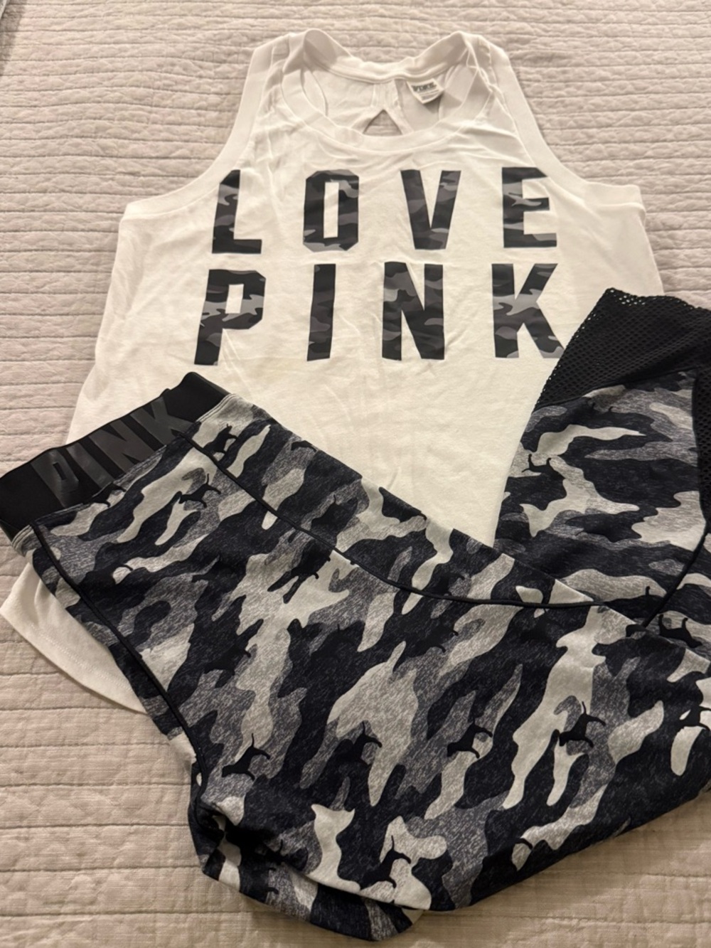 PINK Victoria's Secret White Tank with Gray & Black Camo Leggings